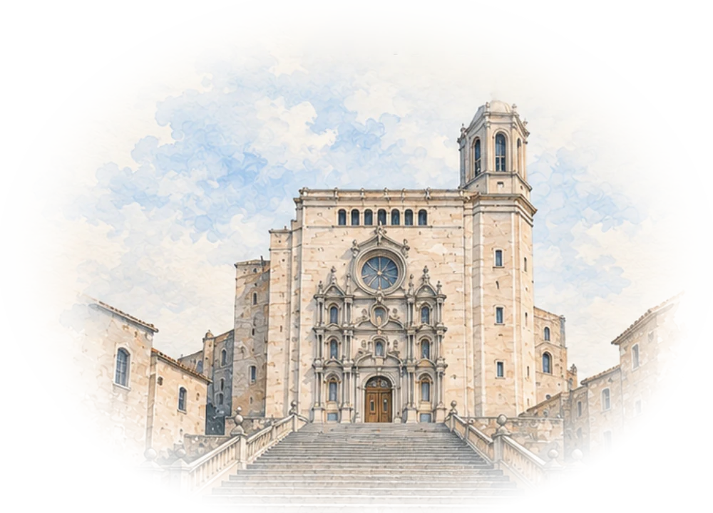 Aquarel·la de la Catedral de Girona i la seva escalinata.
